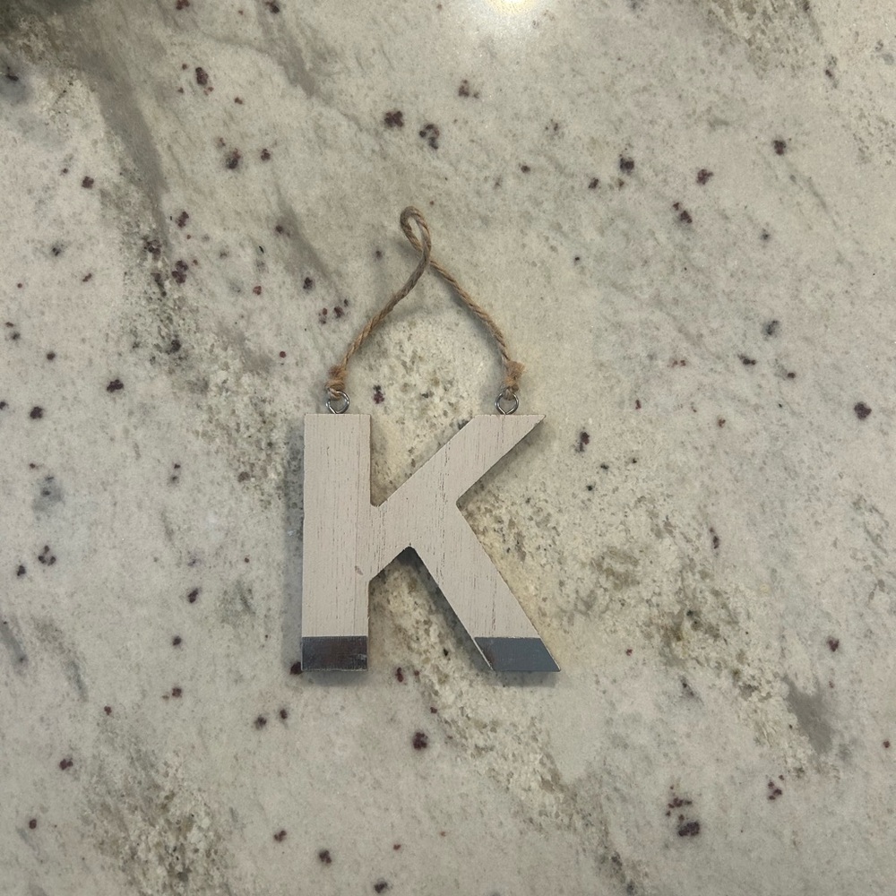 Rustic White Wooden Letter 'K' holiday ornament, stocking tag